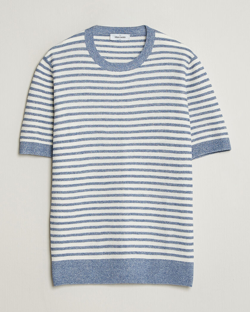 Gran Sasso Linen/Cotton Knitted Striped T-Shirt Blue/White – Bleu