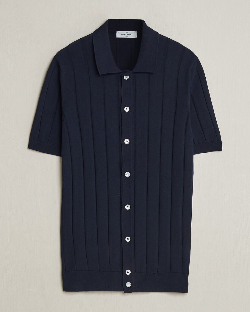 Gran Sasso Cotton Ribbed Knitted Resort Shirt Navy – Blauw