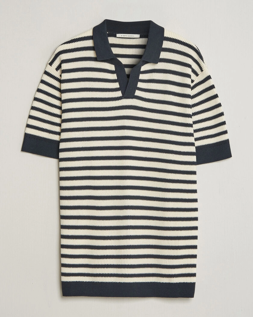 A Day's March Jeremy Striped Knitted Polo Off White/Navy – Bleu