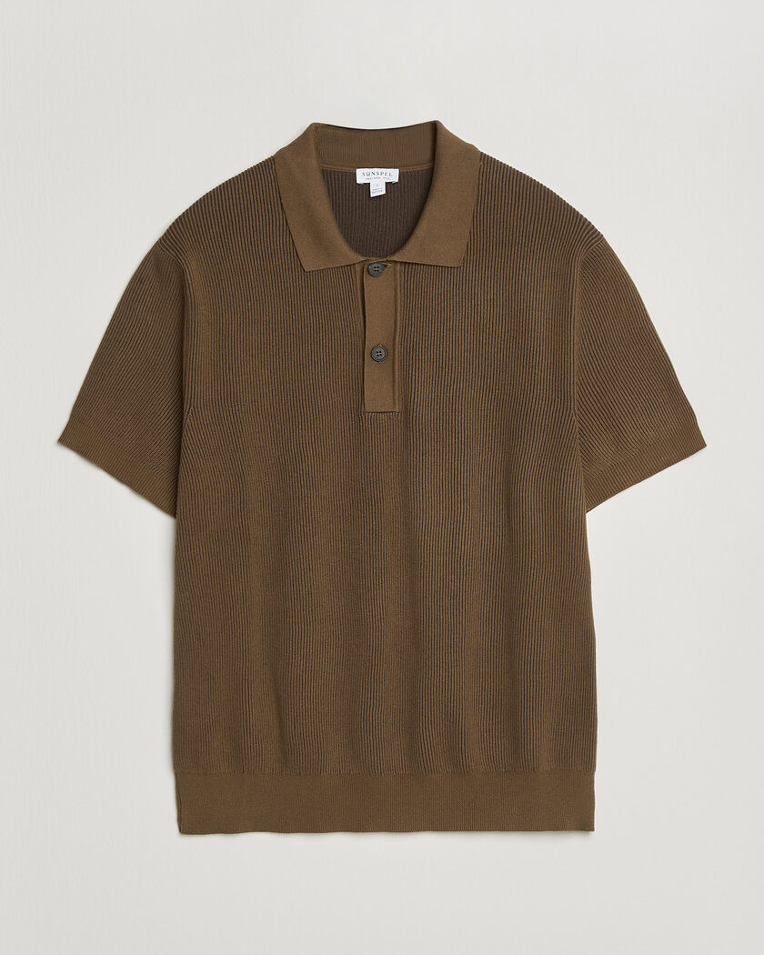 Sunspel Knitted Cotton Rib Polo Bronze – Marron