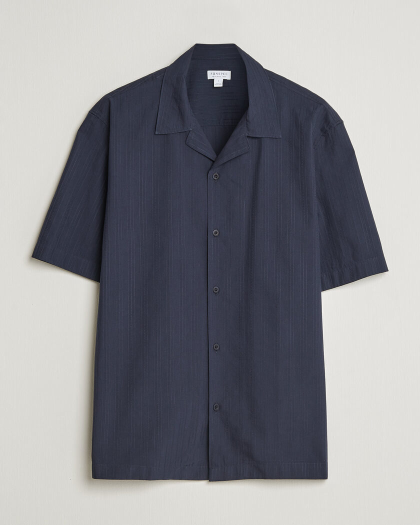 Sunspel Short Sleeve Textured Stripe Shirt Navy – Bleu