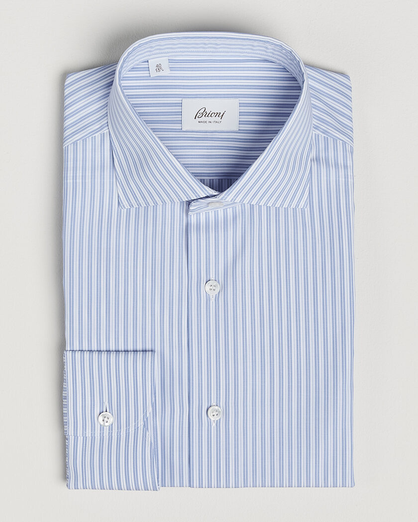 Brioni Poplin Cotton Dress Shirt Light Blue Stripe – Blauw