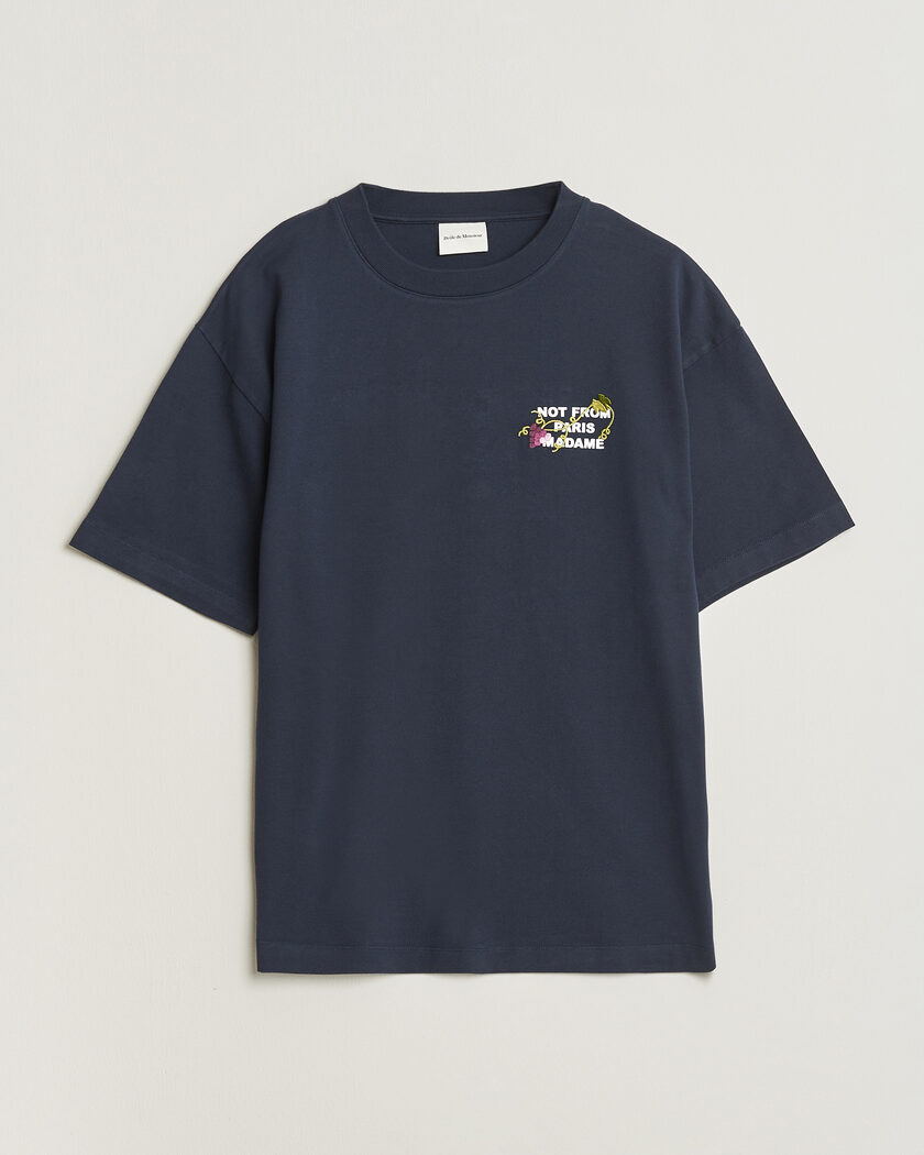 Drôle de Monsieur Vine Embroidered Slogan T-Shirt Navy – Blauw