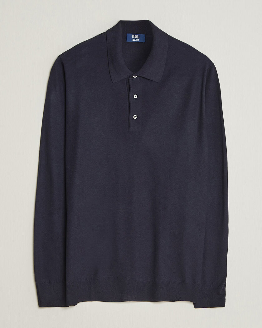 Fedeli 140s Fine Wool Long Sleeve Polo Navy – Blauw