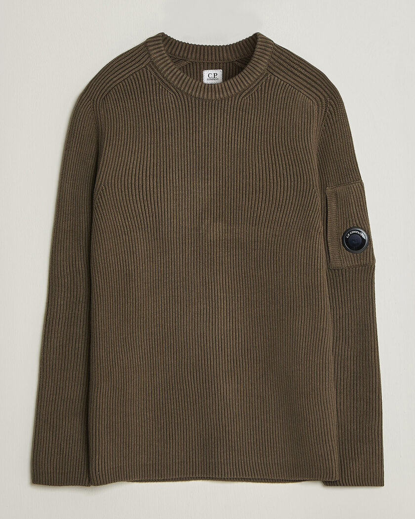 C.P. Company Full Rib Knitted Cotton Crew Neck Dark Green – Groen