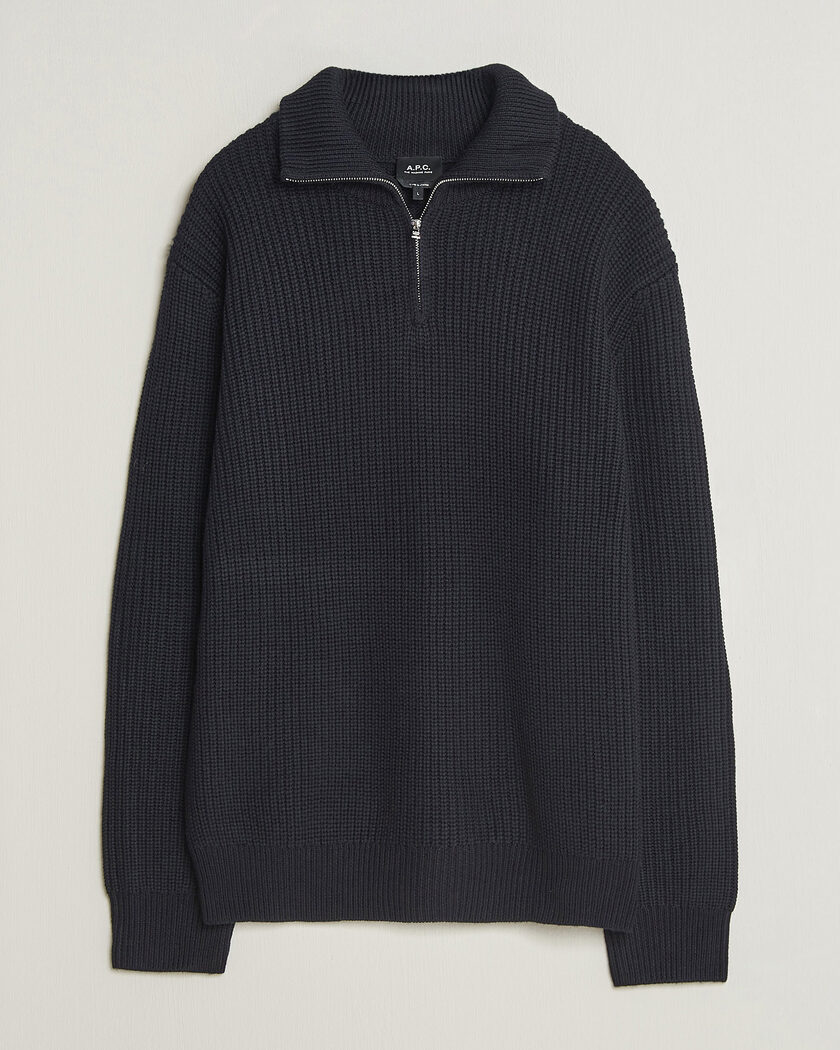 A.P.C. Daniel Wool Rib Knitted Half Zip Dark Navy – Blauw