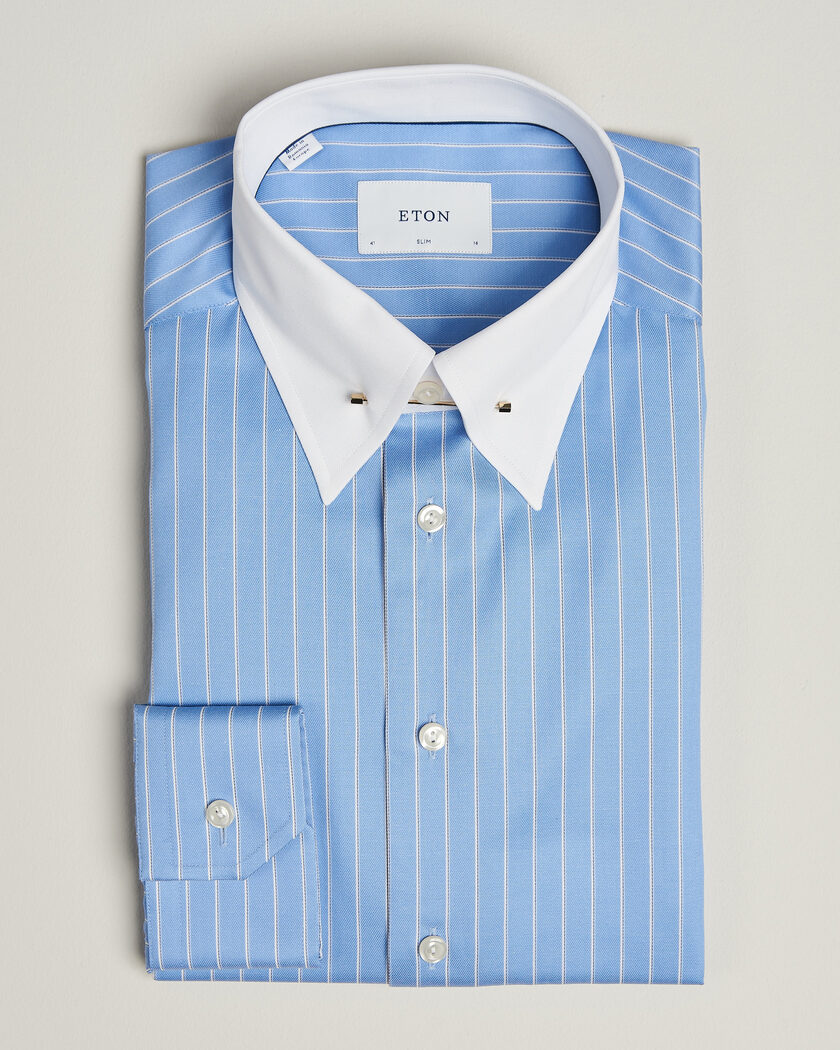 Eton Slim Fit Signature Twill Striped Shirt Mid Blue – Blauw