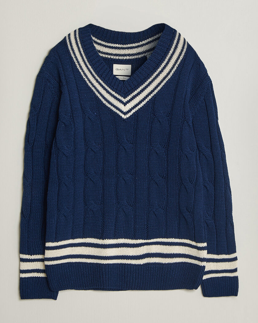 Gant Mercerized Cotton Knitted Cable V-Neck Persian Blue – Bleu