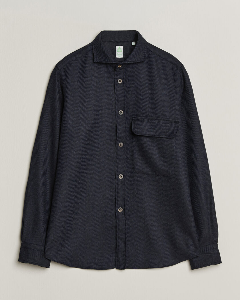Finamore Napoli Wool Herringbone Overshirt Navy – Blauw