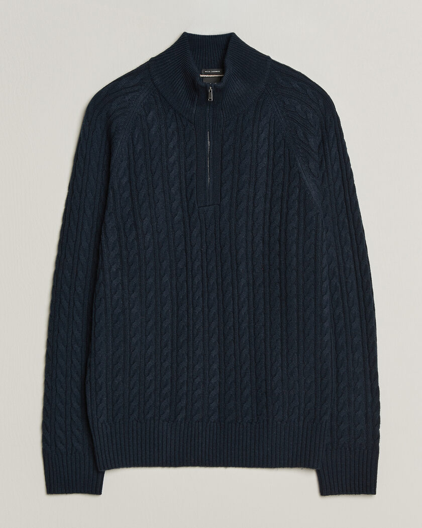 BOSS BLACK Furore Wool/Cashmere Cable Half Zip Dark Blue – Blauw