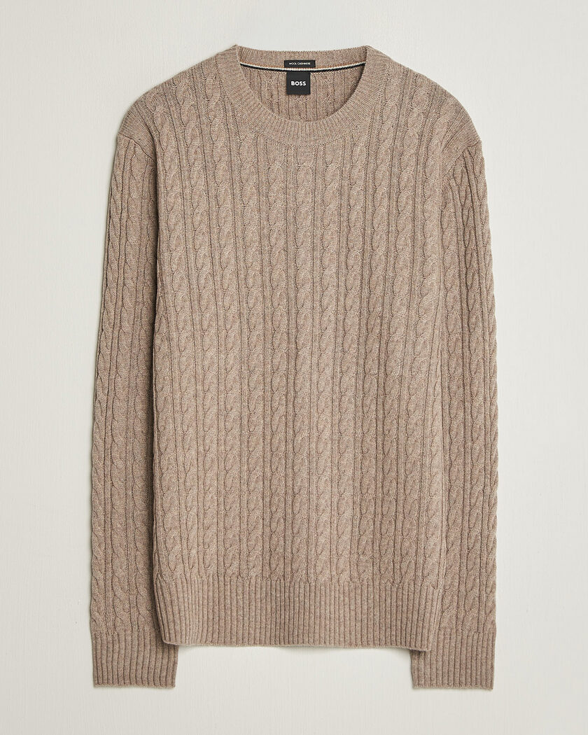 BOSS BLACK Furlan Wool/Cashmere Cable Crew Neck Open Brown – Bruin