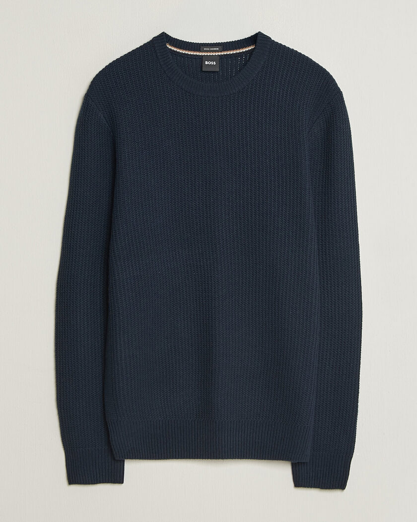BOSS BLACK Fiocchetto Wool/Cashmere Crew Neck Dark Blue – Blauw