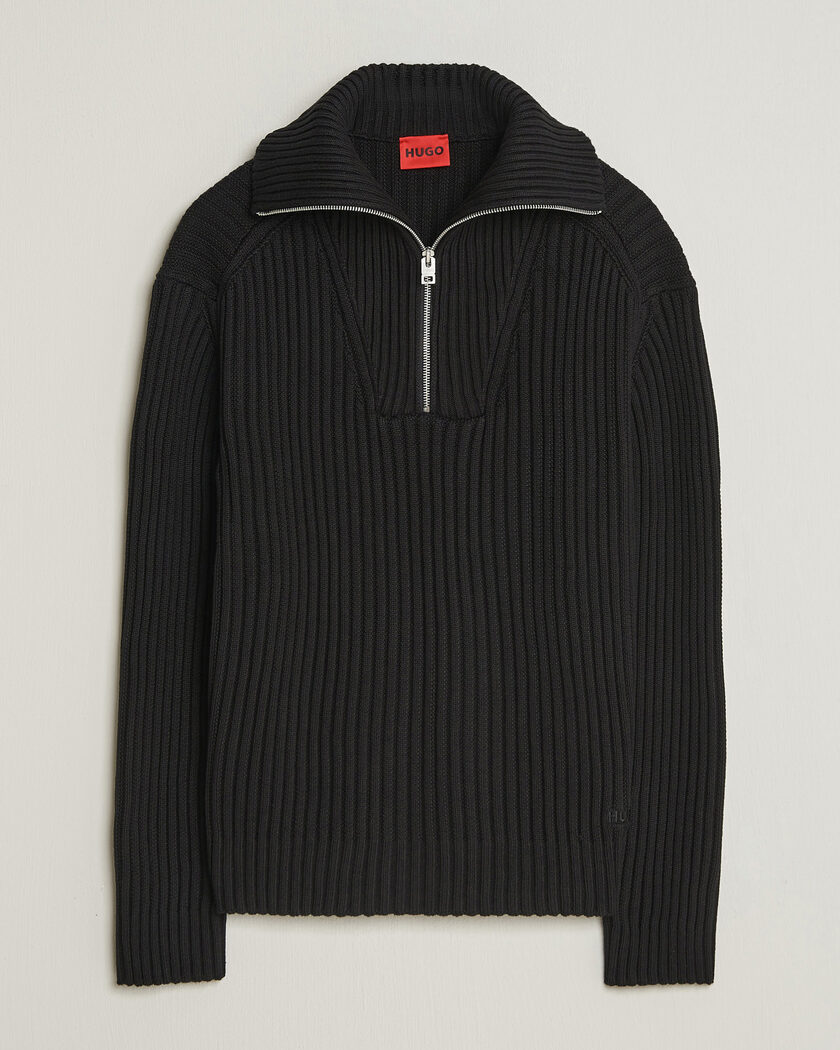 HUGO Srtithon Cotton Knitted Half Zip Black – Zwart