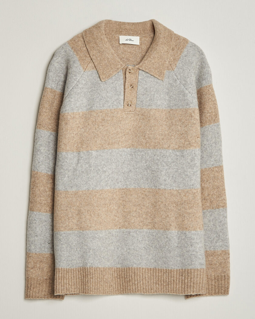 LES DEUX Striped Melange Knit Polo Light Sand Melange – Grijs