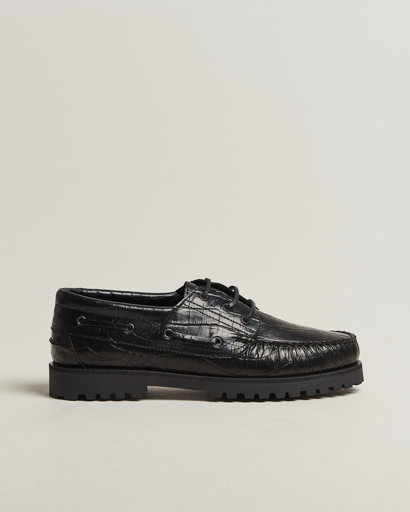 LES DEUX Croco Boat Shoe Black – Zwart