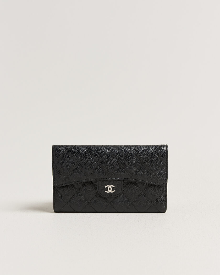 Chanel Pre-Owned Classic Trifold Flap Wallet Caviar Leather Black – Zwart