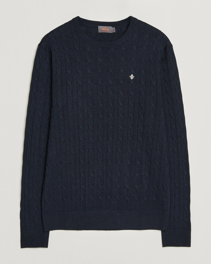 Morris Merino Cable O-Neck Navy – Bleu