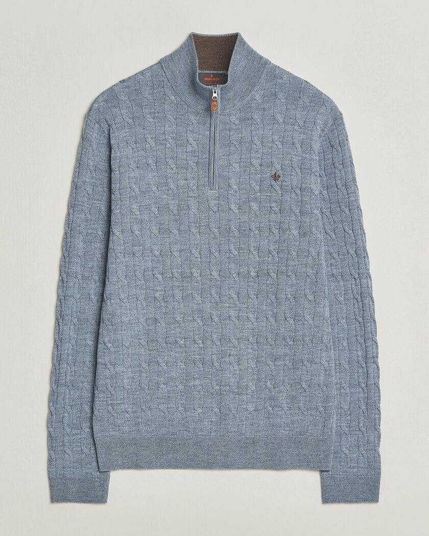 Morris Merino Cable Half Zip Light Blue – Bleu