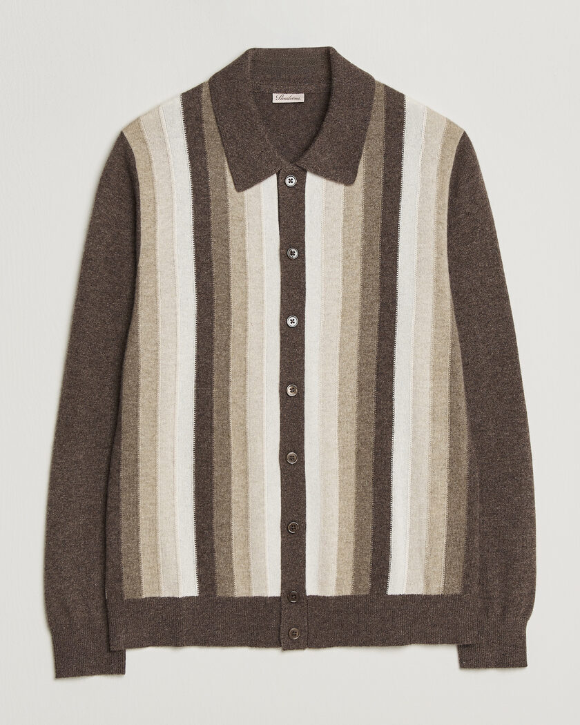  Stenströms Cashmere Striped Polo Cardigan Brown – Marron
