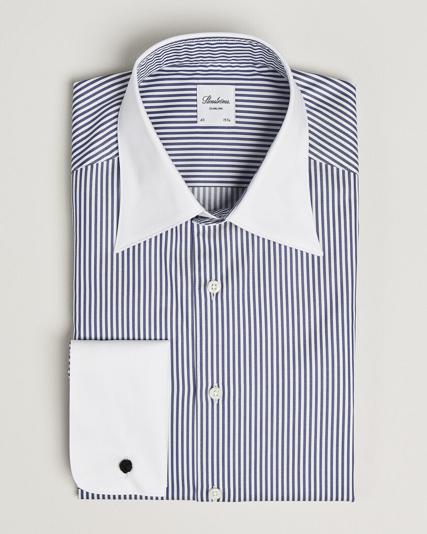 Stenströms Slimline White Collar Stripe Whinchester Shirt Blue – Bleu