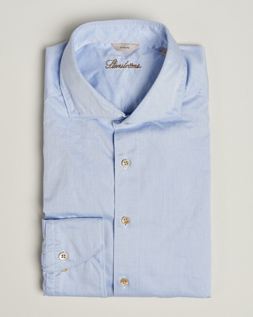 Stenströms Slimline Washed Cotton Twill Cut Away Shirt Blue – Blauw