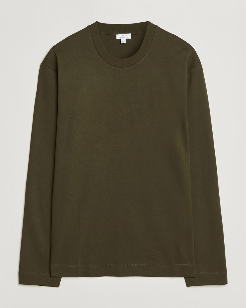 Sunspel Heavy Weight Supima Cotton Long Sleeve T-Shirt Green – Groen