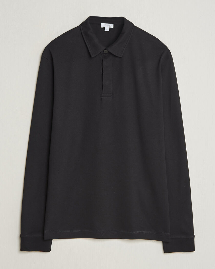 Sunspel Heavy Weight Supima Cotton Long Sleeve Polo Black – Zwart