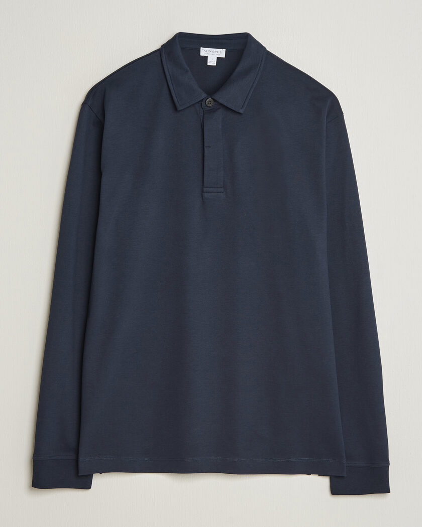 Sunspel Heavy Weight Supima Cotton Long Sleeve Polo Navy – Blauw