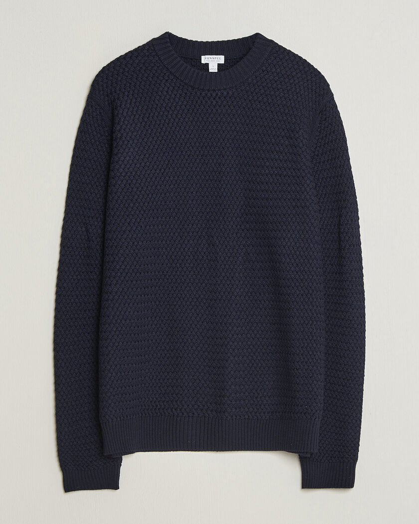Sunspel Merino Basketweave Stitch Jumper Navy – Bleu