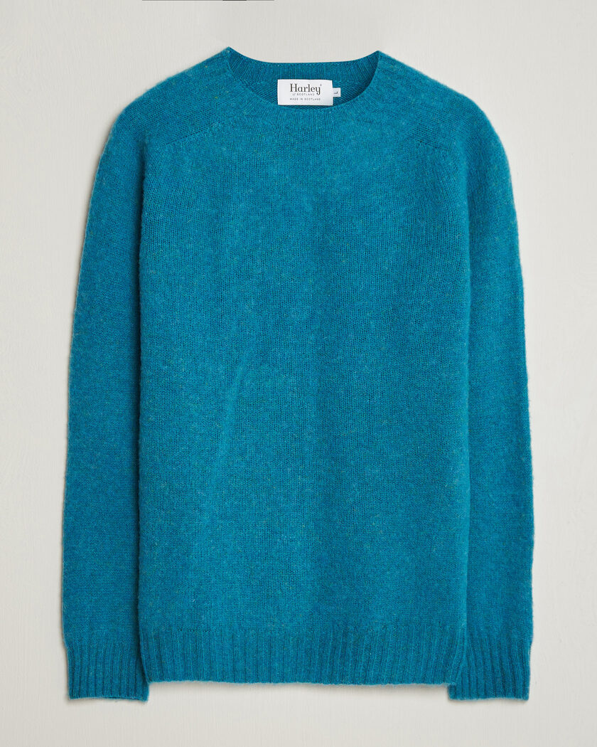 Harley Of Scotland Brushed Supersoft Lambswool Crewneck Gulfstream – Blauw