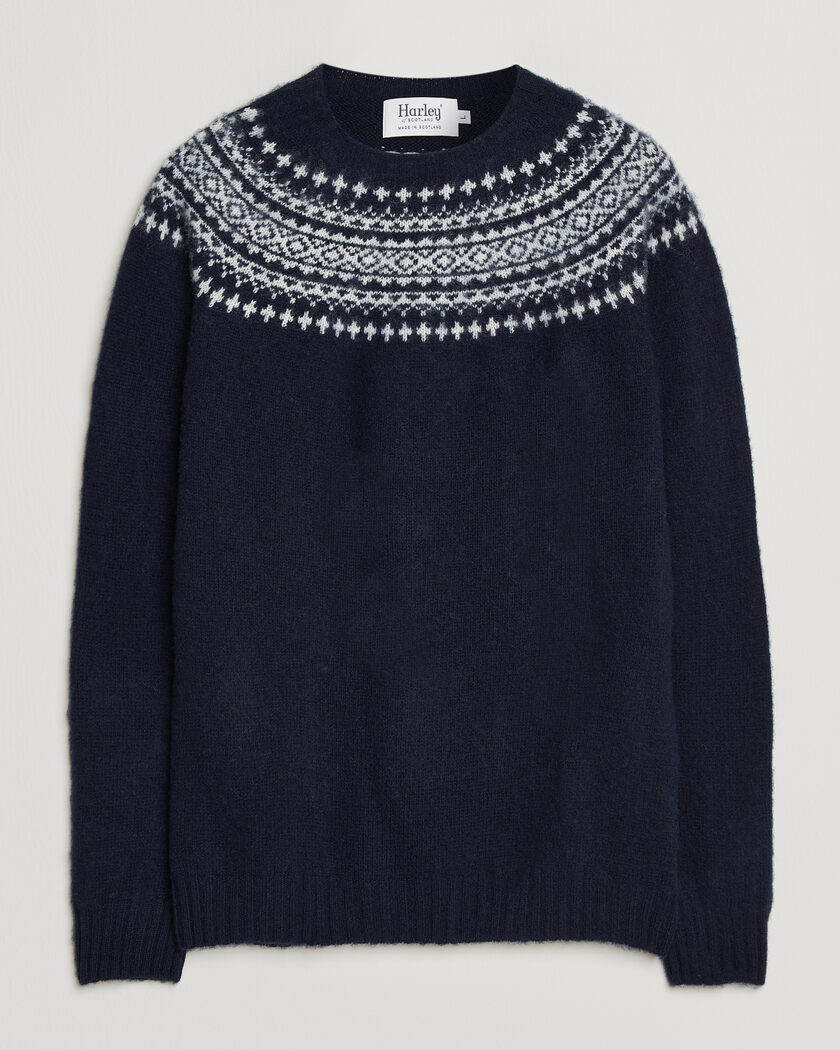 Harley Of Scotland Brushed Supersoft Lambswool Yolk Fairisle Navy/Snow White – Blauw