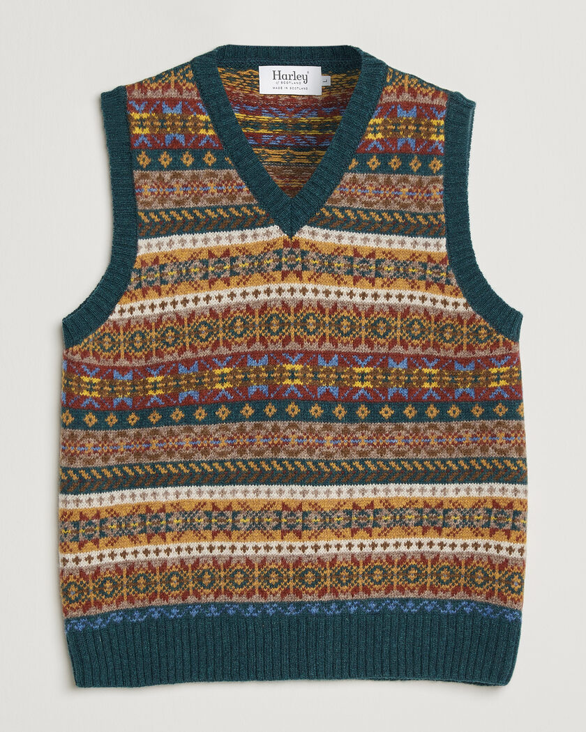 Harley Of Scotland Supersoft 2ply Lambswool Fairisle Vest Tempest – Meerkleurig