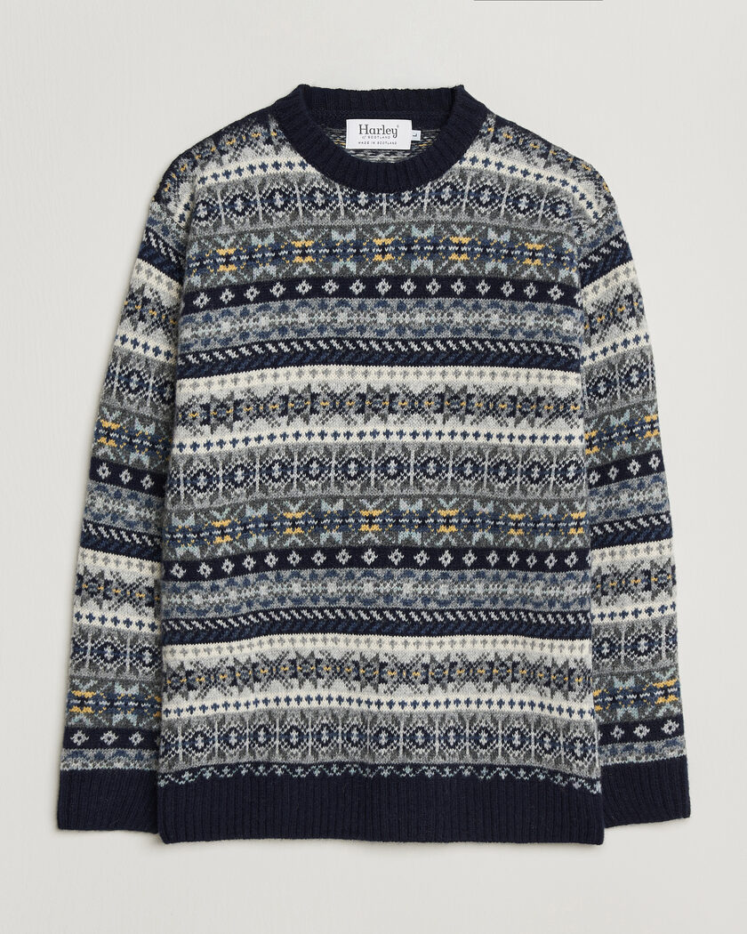 Harley Of Scotland Supersoft 2ply Lambswool Fairisle Crew Navy – Blauw