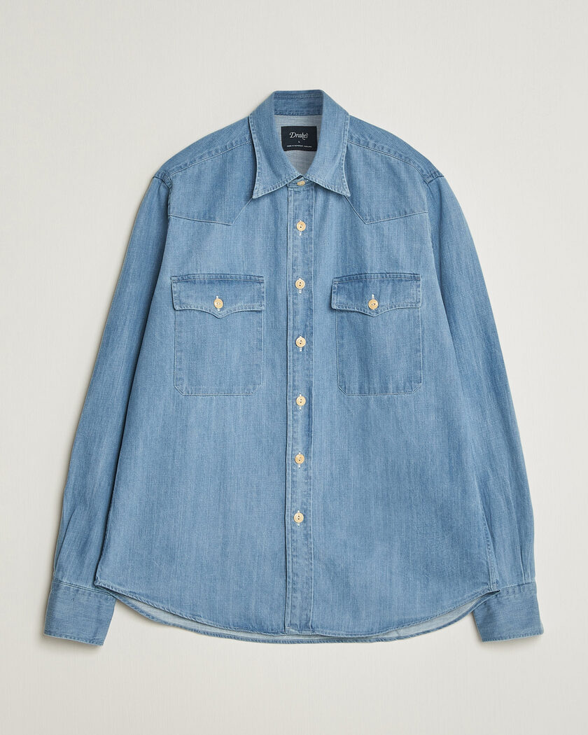 Drake's Denim Western Shirt Bleached Blue – Bleu