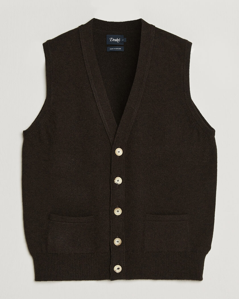 Drake's Lambswool Vest Cardigan Dark Brown – Marron