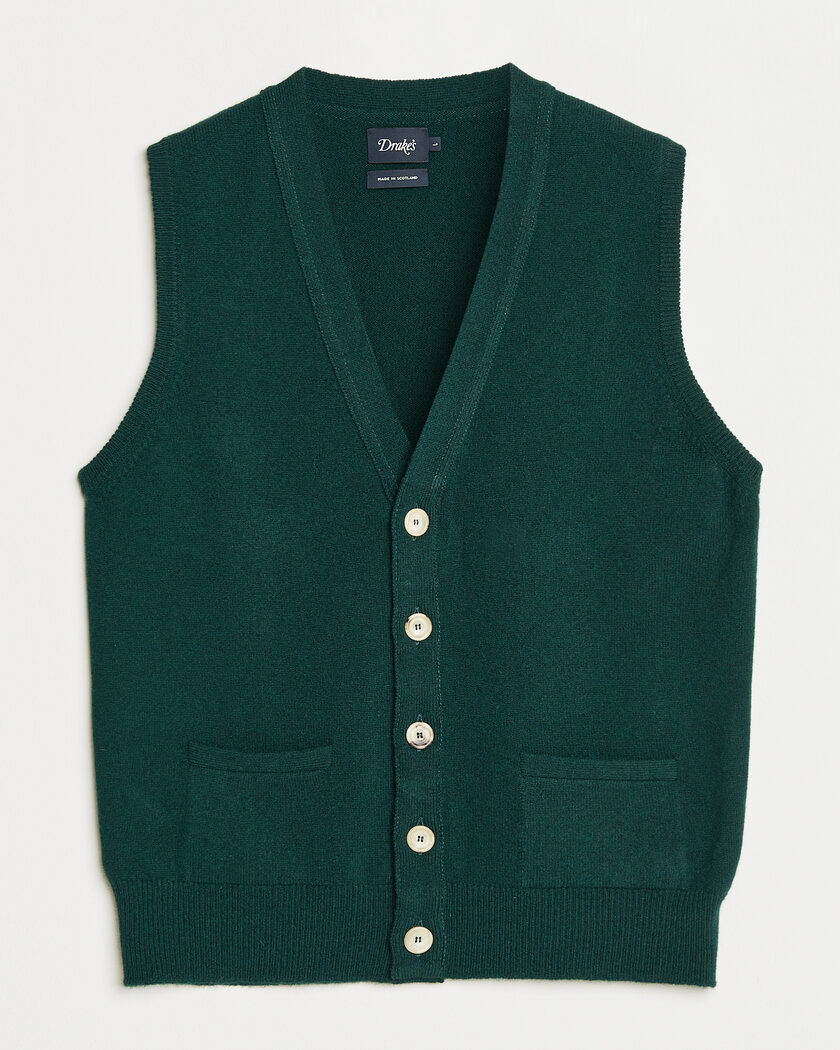 Drake's Lambswool Vest Cardigan Green – Vert