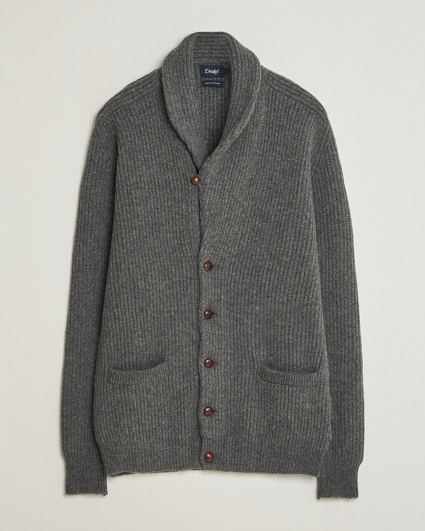 Drake's Lambswool Shawl Collar Rib Cardigan Grey – Gris