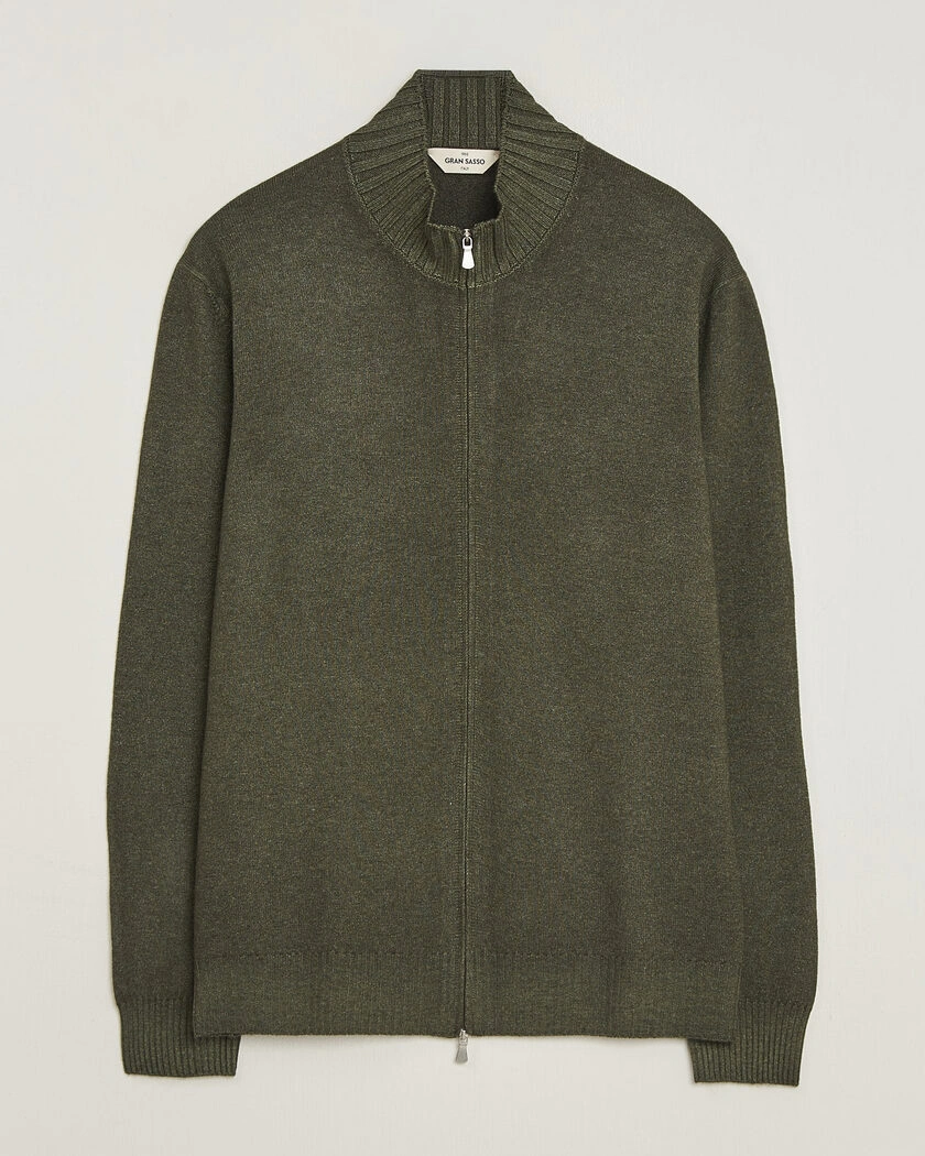 Gran Sasso Wool/Cashmere Washed Full Zip Olive Melange – Groen