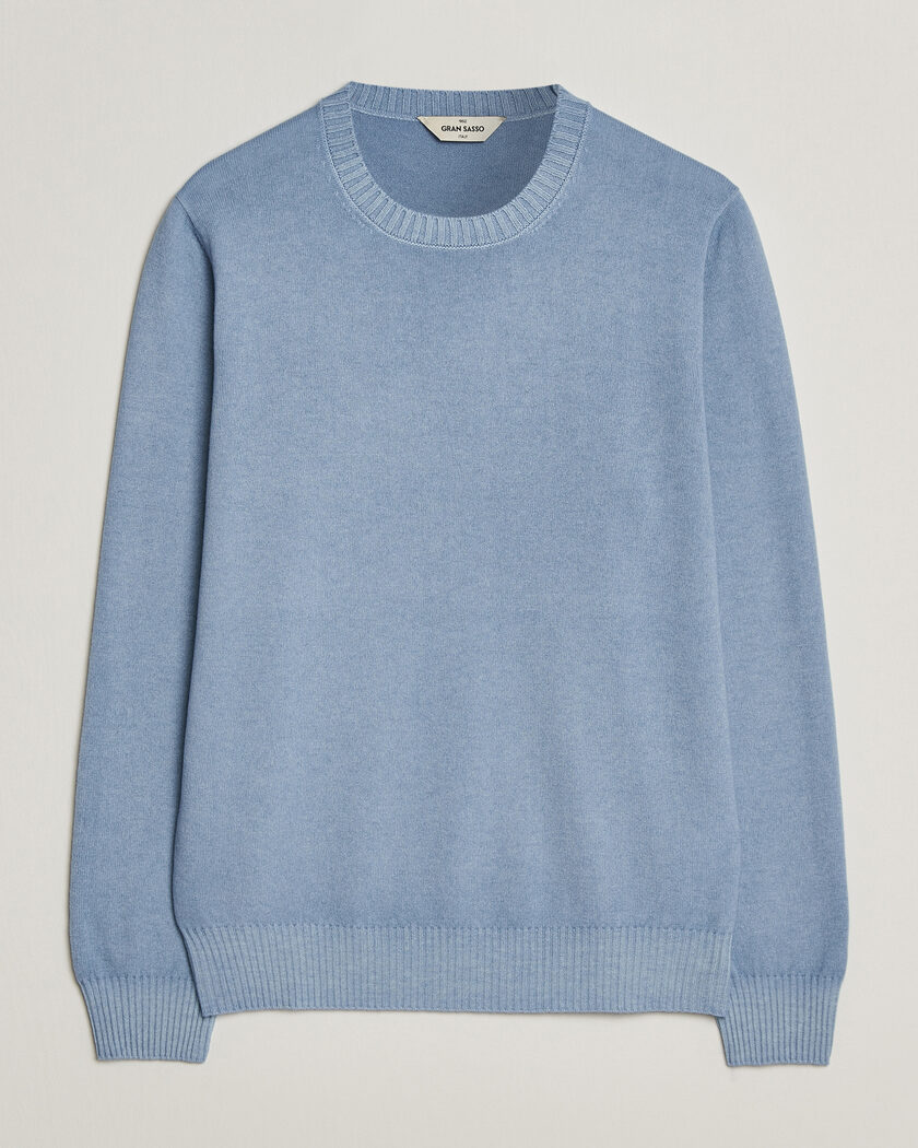 Gran Sasso Wool/Cashmere Washed Crew Neck Blue Melange – Blauw