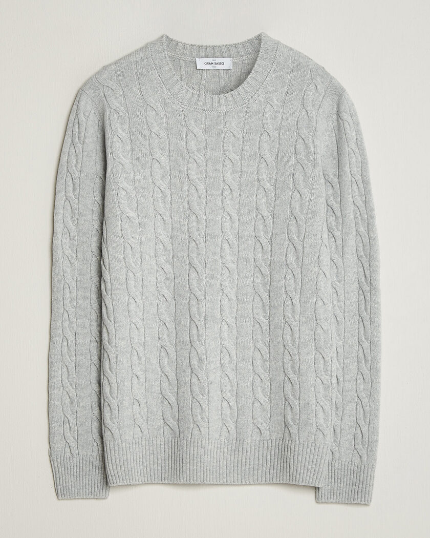 Gran Sasso Wool/Cashmere Cable Crew Neck Light Grey Melange – Grijs