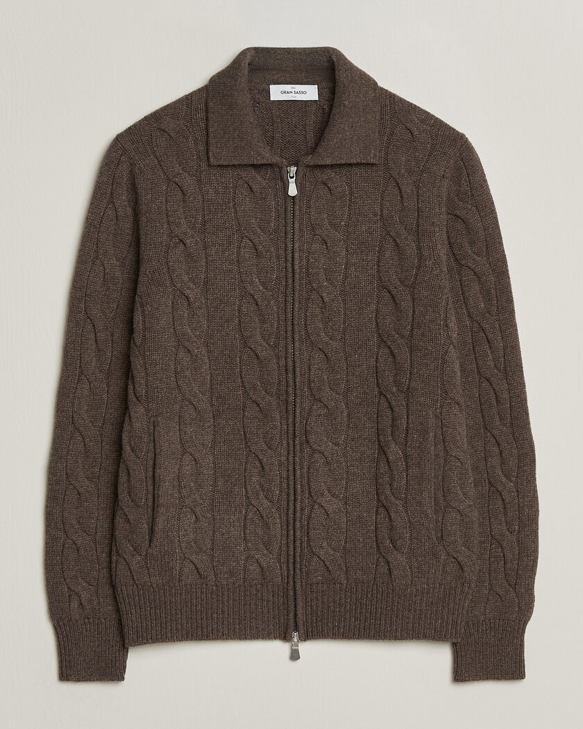 Gran Sasso Wool/Cashmere Cable Full Zip Dark Brown Melange – Marron