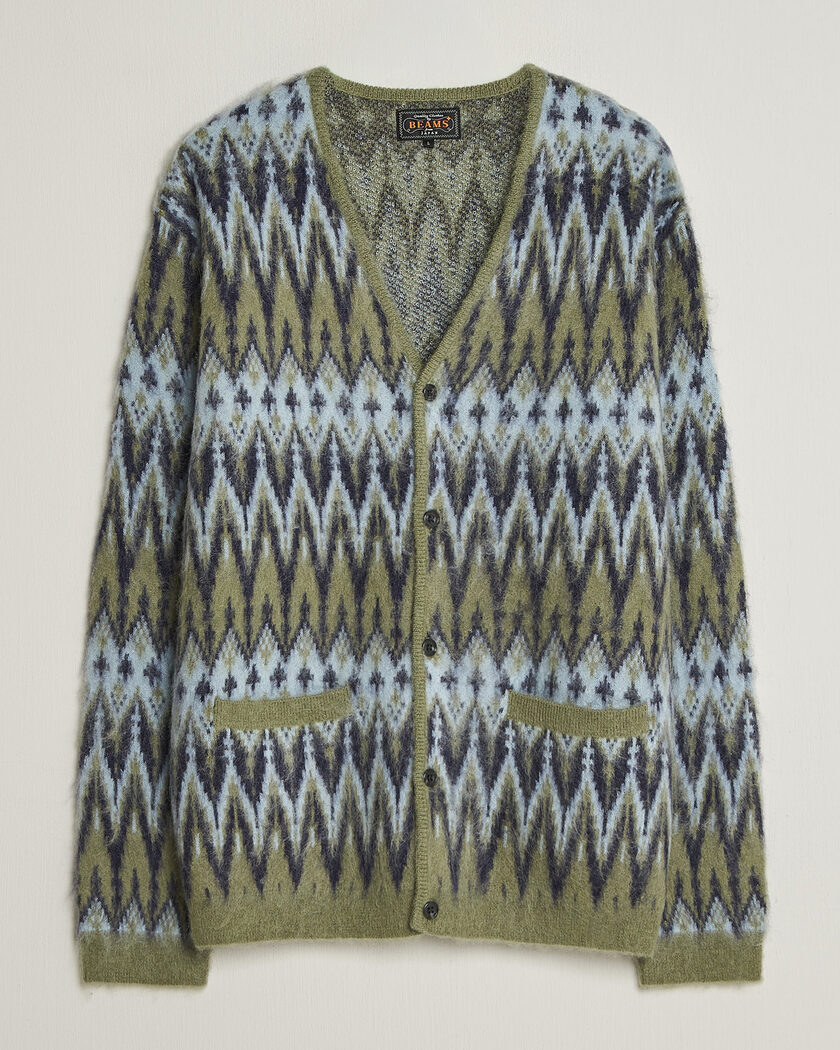 BEAMS PLUS Chevron Jacquard Cardigan Green/Grey – Groen