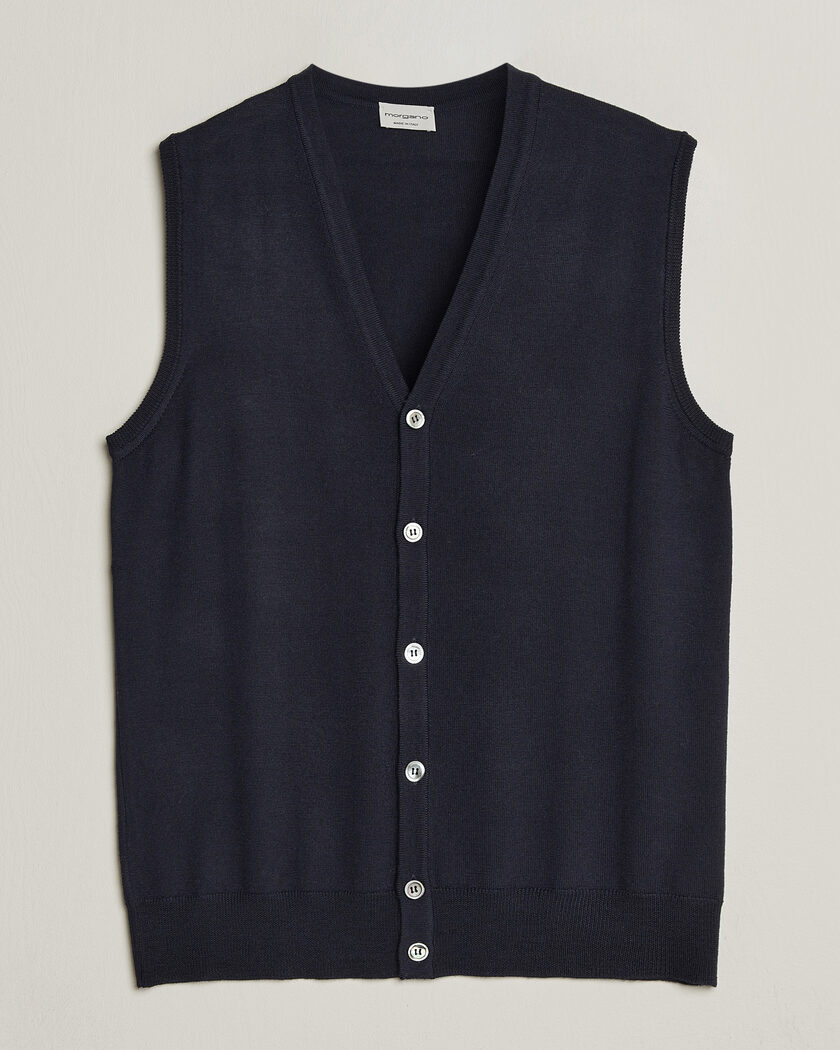 Morgano Extra Fine Merino Wool Sleevles Cardigan Vest Navy – Blauw
