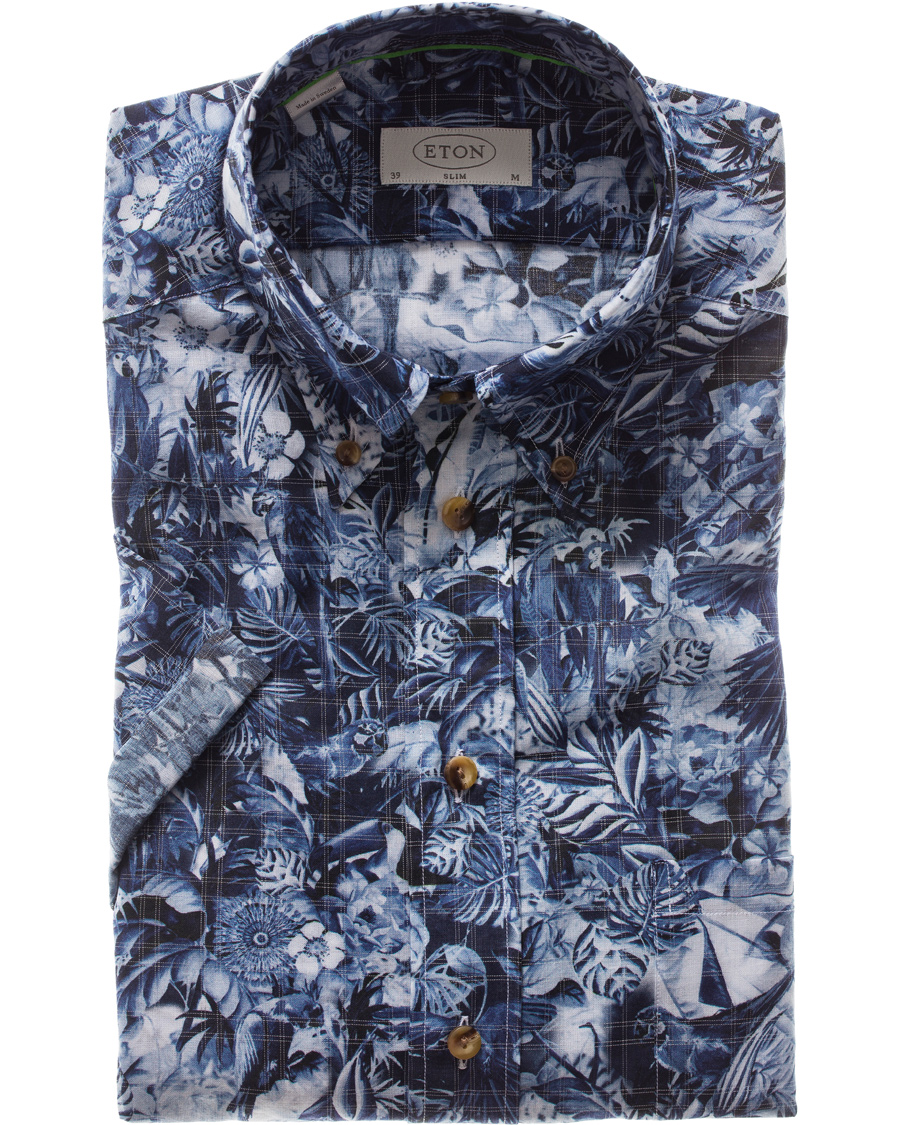 Homme | Chemises | Eton | Slim Fit Green Ribbon Flower Short Sleeve Shirt Navy