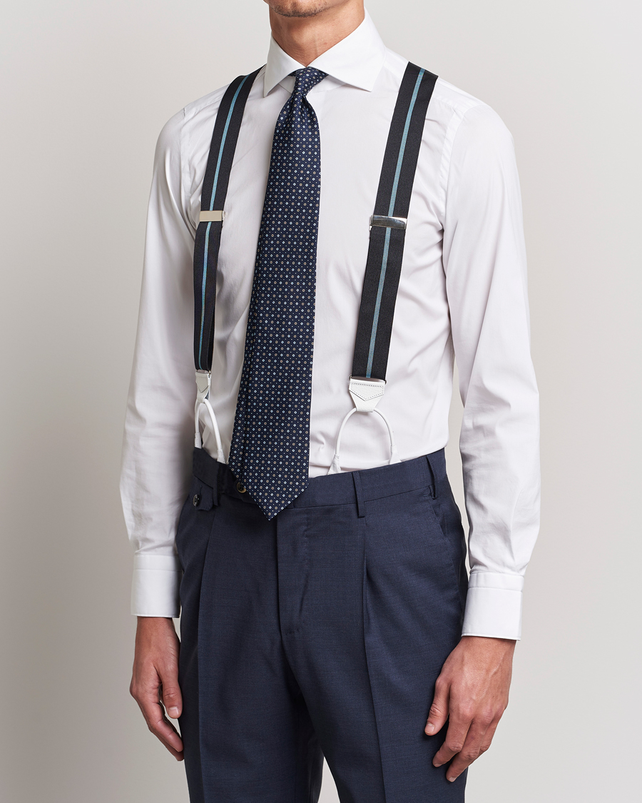 Heren | Albert Thurston Thin Stripe Braces 40mm Black/Sky | Albert Thurston | Thin Stripe Braces 40mm Black/Sky