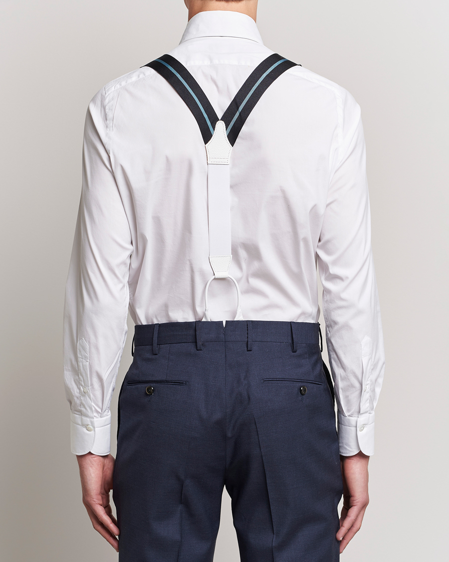 Heren | Albert Thurston Thin Stripe Braces 40mm Black/Sky | Albert Thurston | Thin Stripe Braces 40mm Black/Sky
