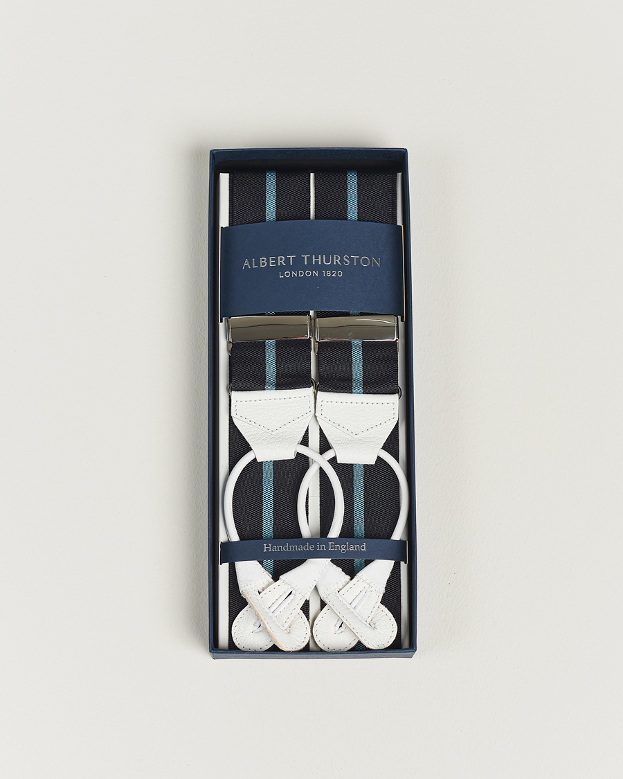 Heren | Albert Thurston Thin Stripe Braces 40mm Black/Sky | Albert Thurston | Thin Stripe Braces 40mm Black/Sky