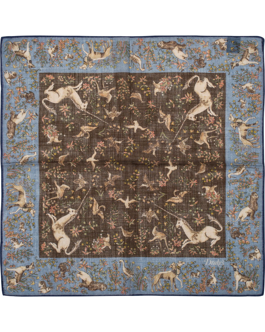 Homme | Drake's Unicorn Pocket Square Blue/Brown | Drake's | Unicorn Pocket Square Blue/Brown
