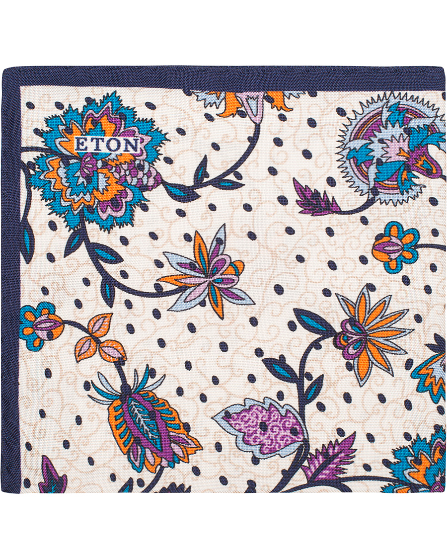 Heren | Eton Big Flower Silk Pocket Square White/Blue | Eton | Big Flower Silk Pocket Square White/Blue