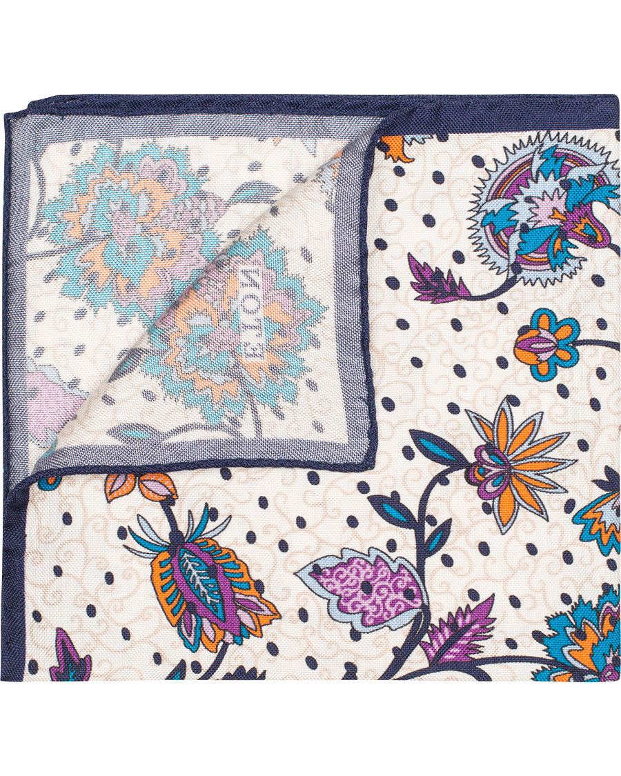 Heren | Eton Big Flower Silk Pocket Square White/Blue | Eton | Big Flower Silk Pocket Square White/Blue